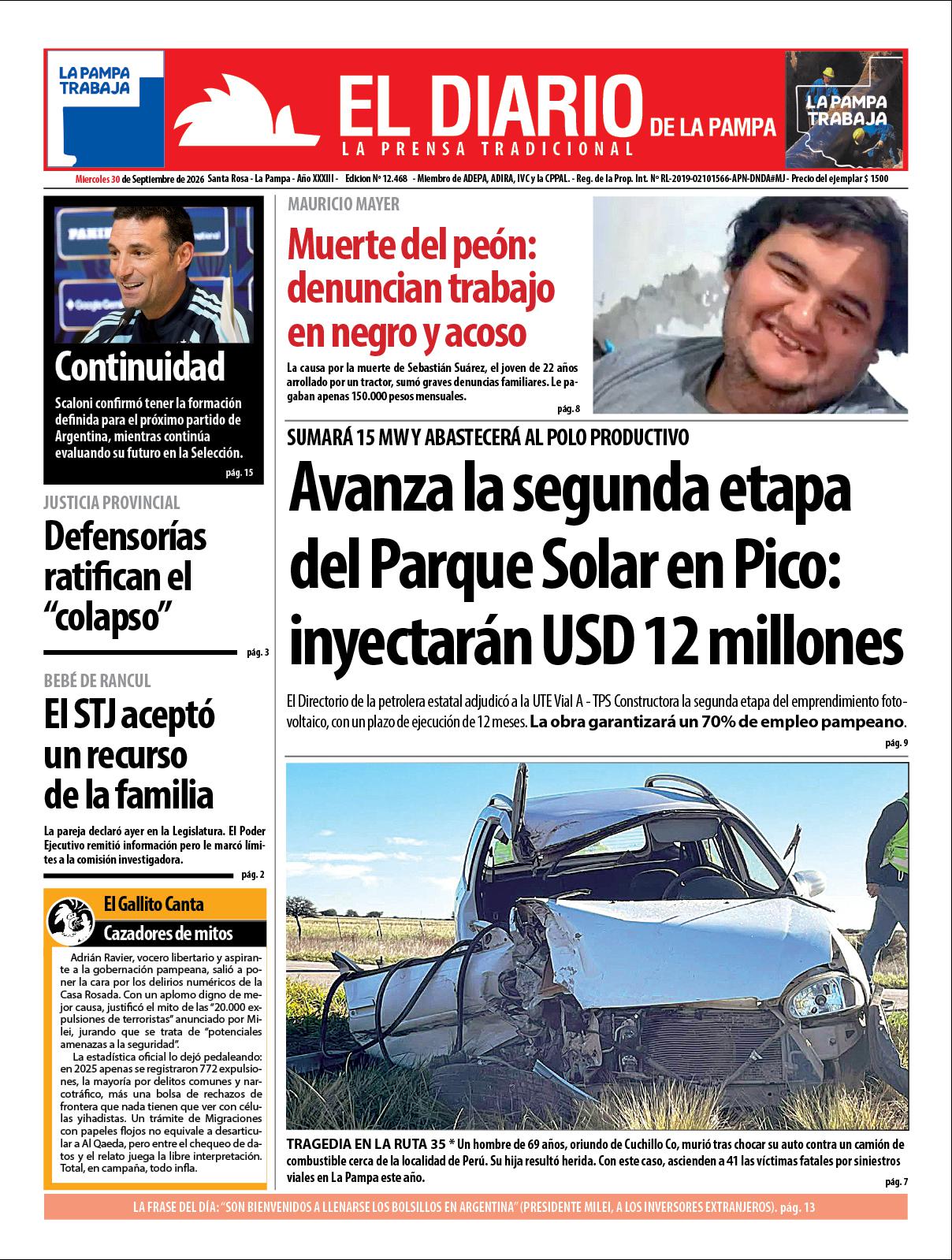 Tapa de El Diario en papel  mieacutercoles 30 de septiembre de 2026